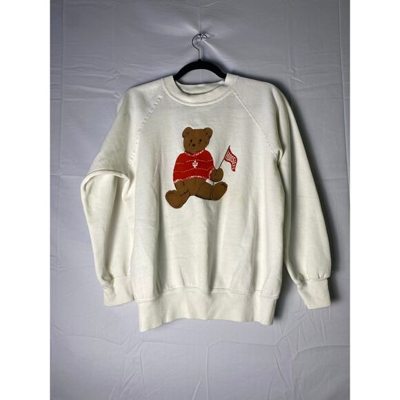 Vintage BASSETT-WALKER Bear IU Indiana Hoosiers White Crewneck Sweatshirt Large - Picture 1 of 2